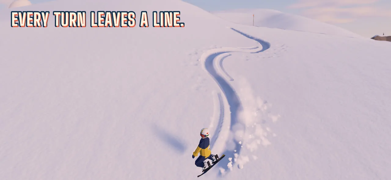 Every turn leaves a line: a snowboarder's S-turns through sunlit powder.