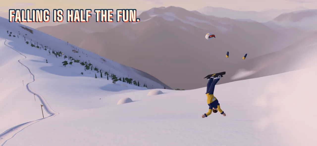 Falling is half the fun: a cartwheel in the powder, helmet, goggles and mitts in the air.