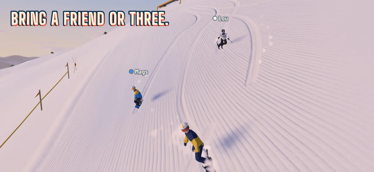 Bring a friend or three: three friends carving down a groomed run, their names over them.