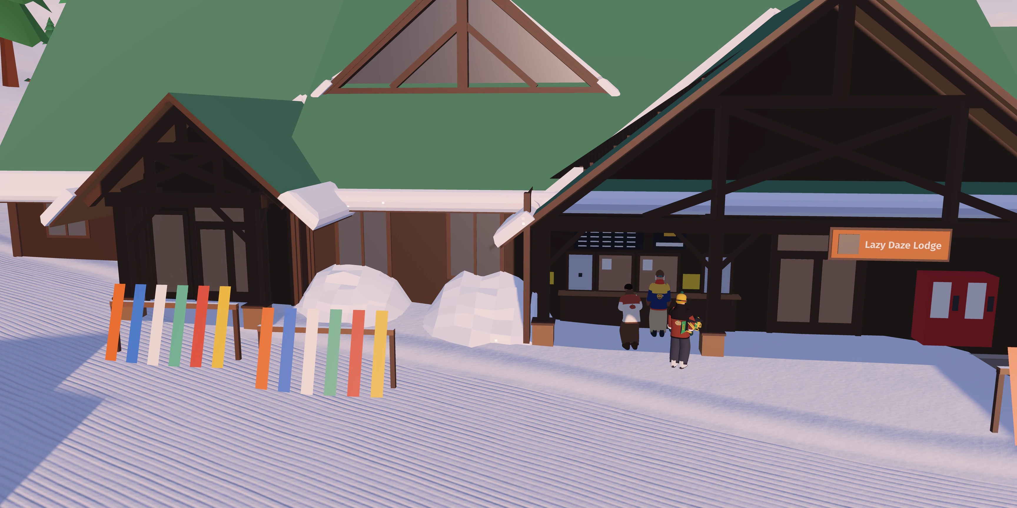 Riders queueing at the Lazy Daze Lodge's ticket windows at the base of Kicking Hoarse, one holding a snowboard.